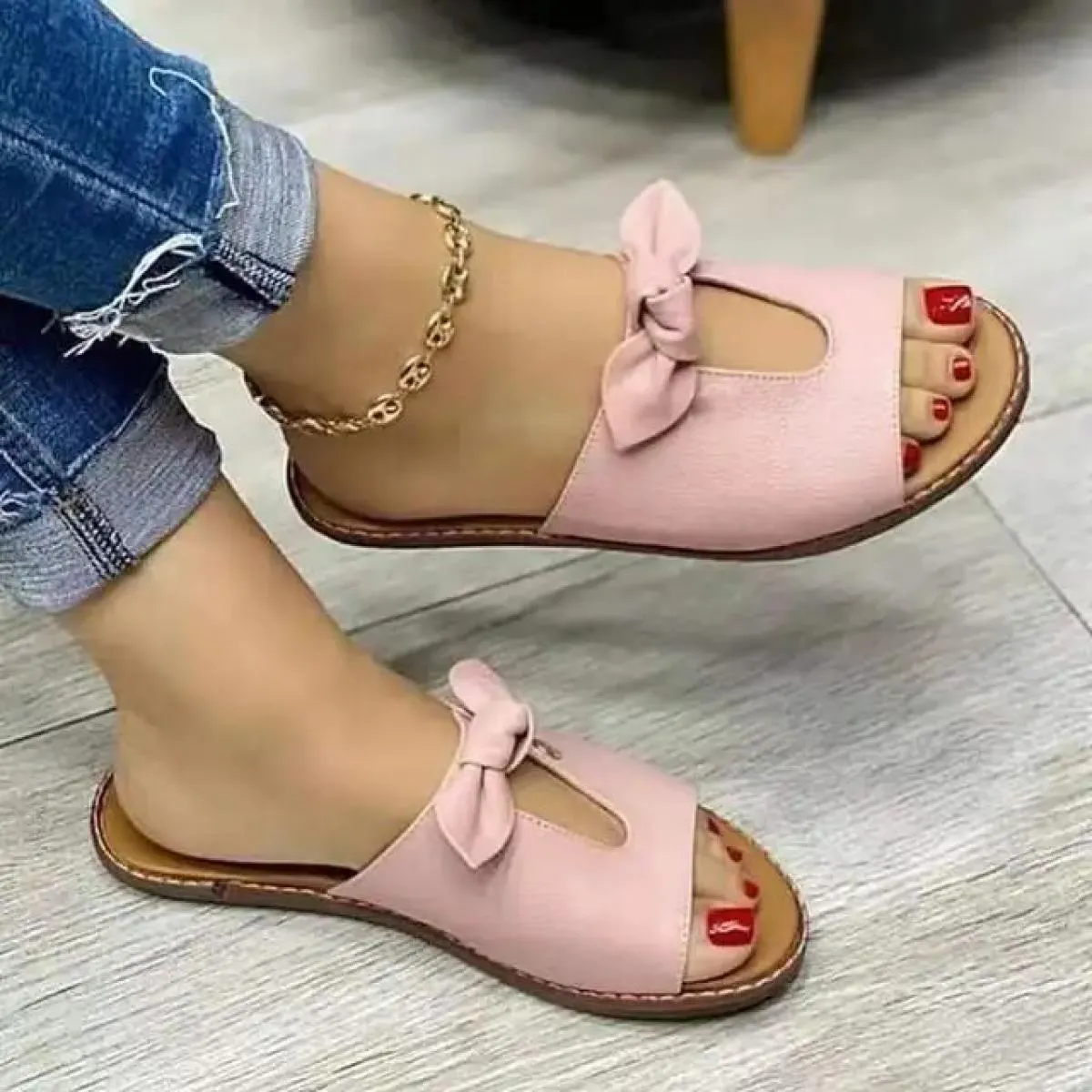 Pantofole da donna estive scarpe graziose ballerine con nodo a farfalla sandali casual sandali da spiaggia tinta unita Zapatilla