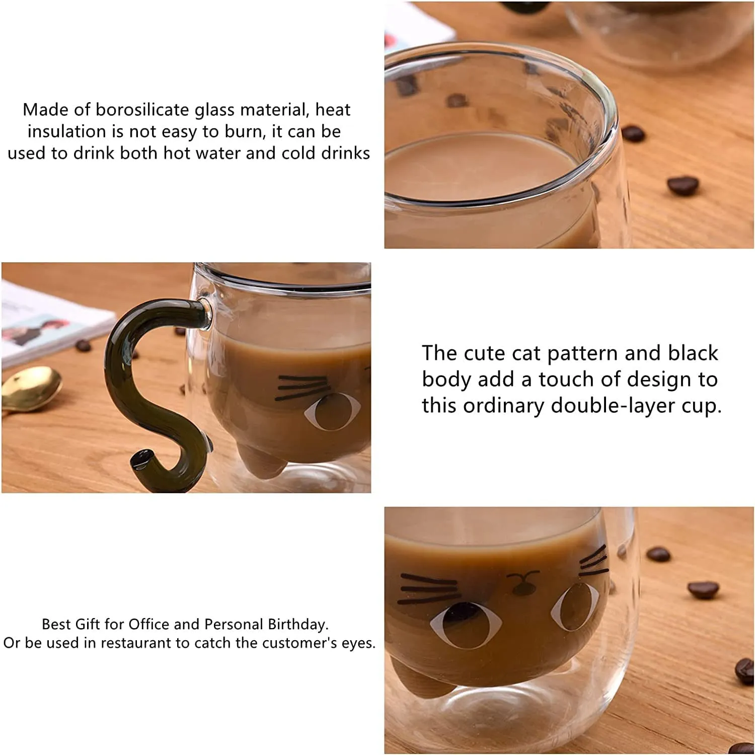 Qinhai Tazza Gatto, Tazza Doppio Vetro, Tazza Caffe Vetro Doppia Parete, Idee Regalo Amici Moglie Donna Ragazze Ragazzi, Idee Re