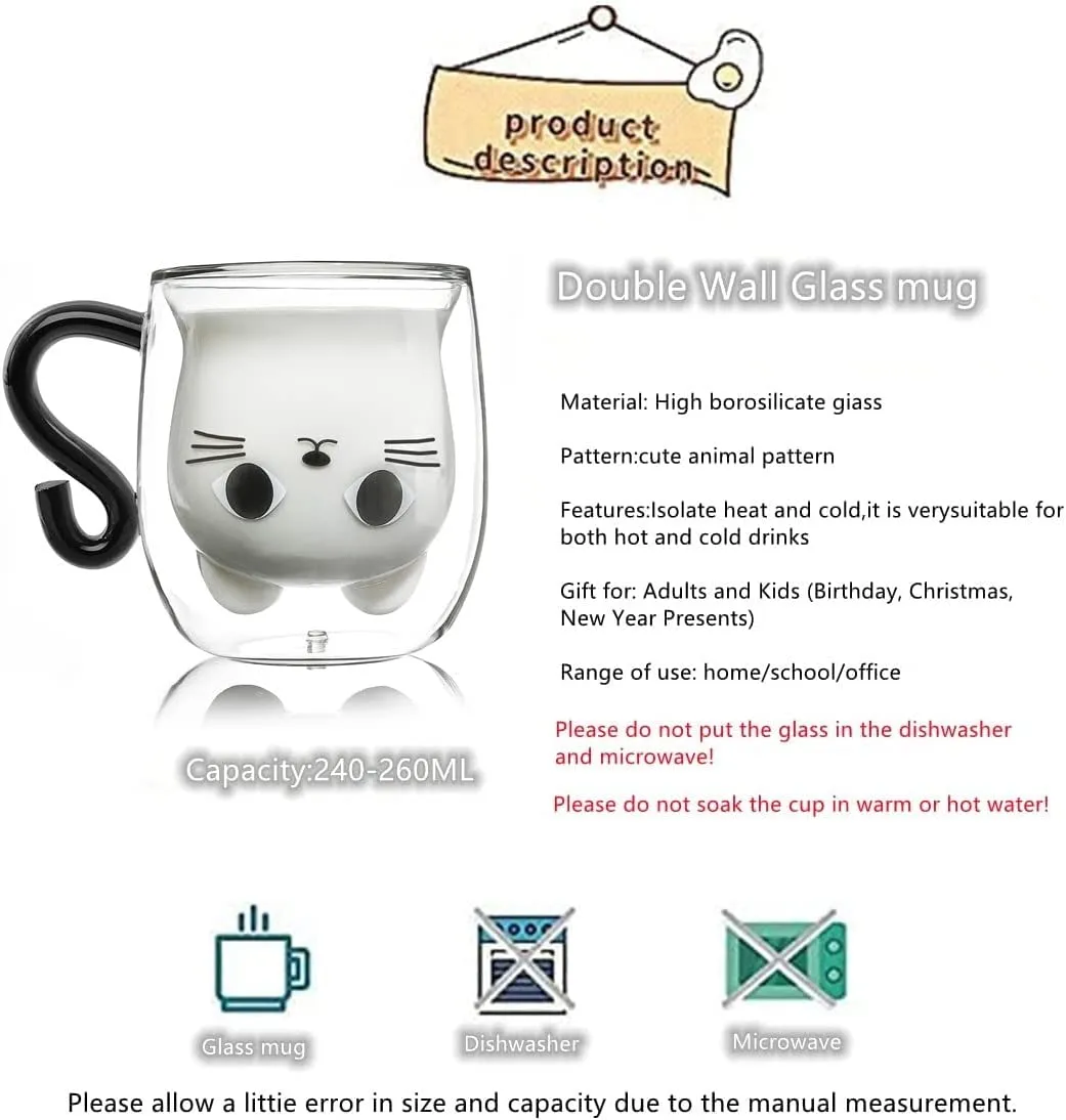 Qinhai Tazza Gatto, Tazza Doppio Vetro, Tazza Caffe Vetro Doppia Parete, Idee Regalo Amici Moglie Donna Ragazze Ragazzi, Idee Re