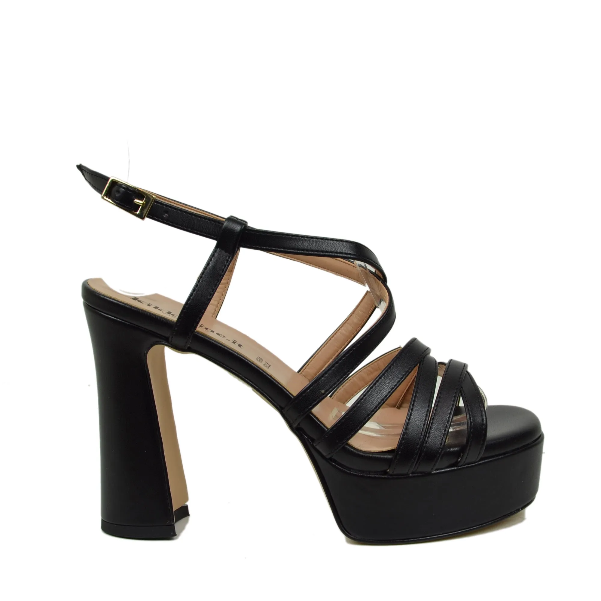 Sandali Donna Pelle Neri con Tacco e Plateau Alto Made in Italy