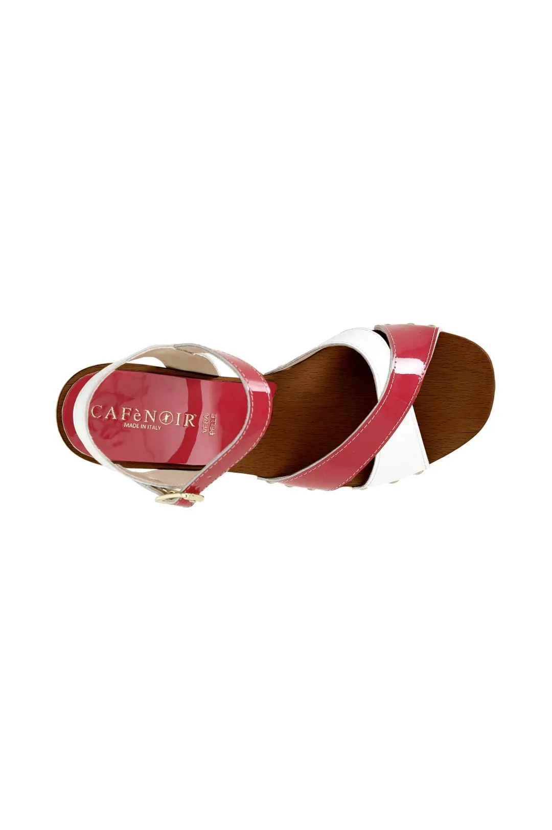 sandali in pelle verniciata bicolore con tacco a clessidra fuxia/bianco