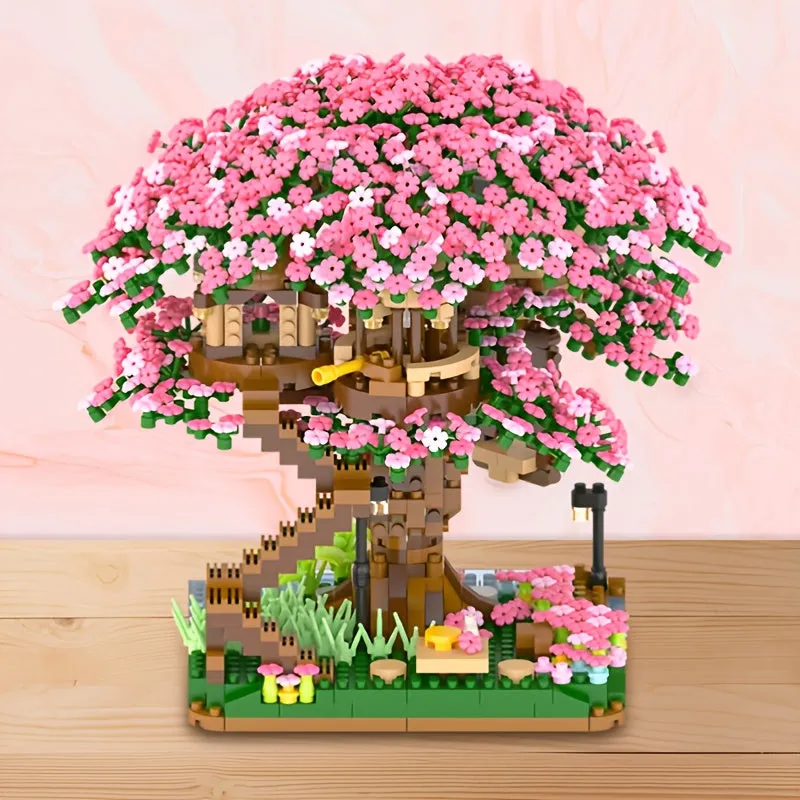 Set di blocchi di costruzione per la casa sull'albero con fiori di ciliegio rosa aggiornati, regalo di Halloween/Giorno del Ring