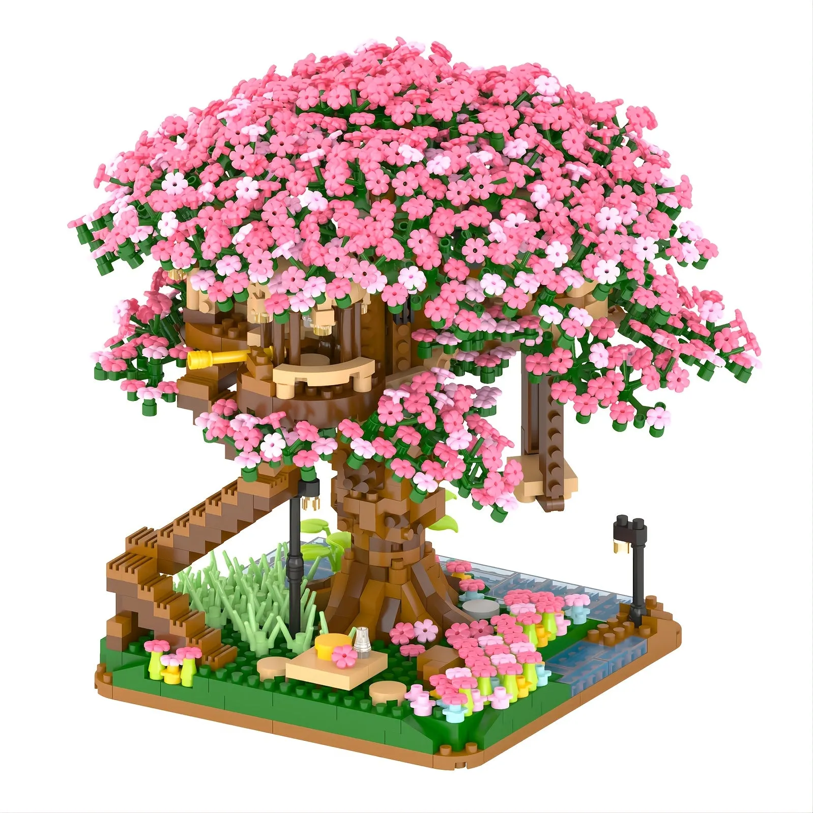 Set di blocchi di costruzione per la casa sull'albero con fiori di ciliegio rosa aggiornati, regalo di Halloween/Giorno del Ring