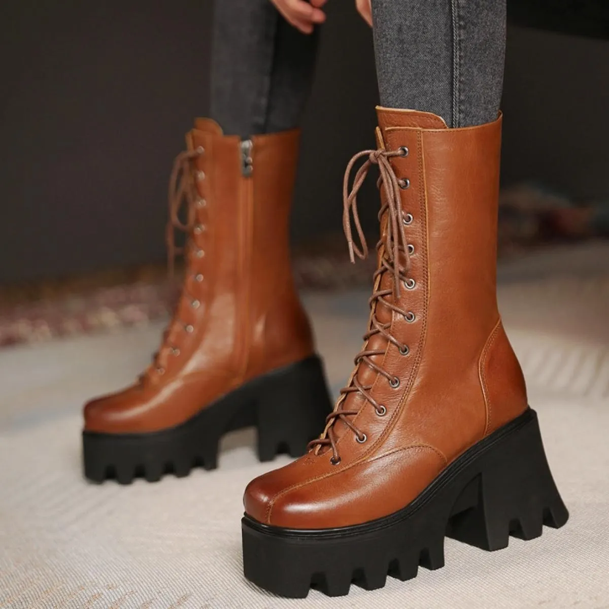 Stivali a metà polpaccio con plateau autunnale Stivali da moto con tacco alto spesso in vera pelle da donna Scarpe moda con punt