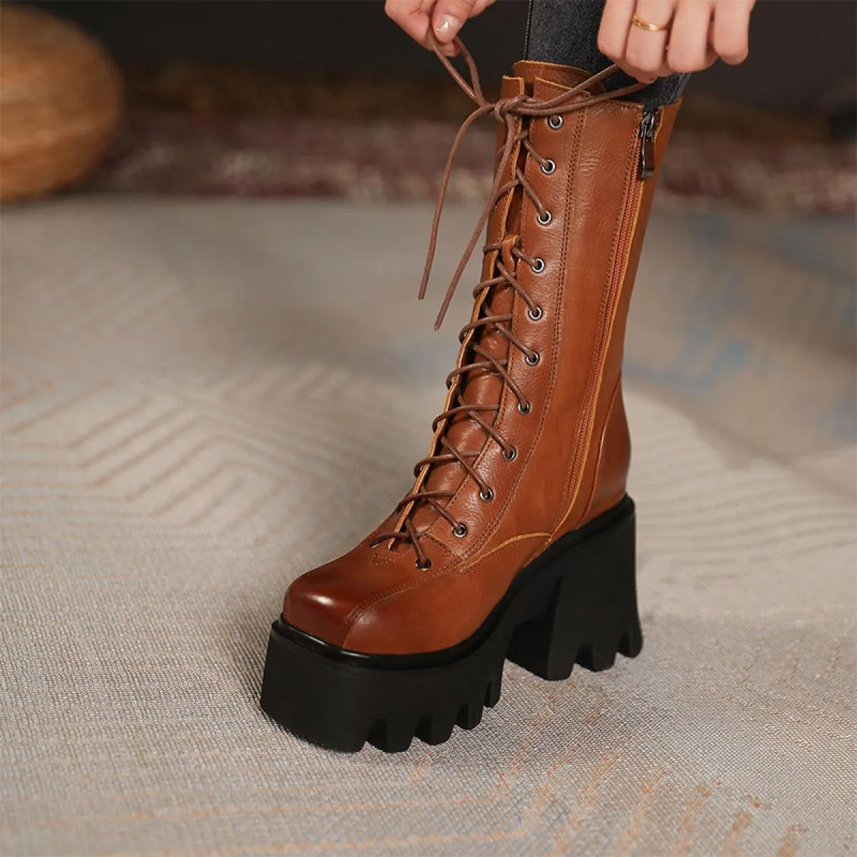 Stivali a metà polpaccio con plateau autunnale Stivali da moto con tacco alto spesso in vera pelle da donna Scarpe moda con punt