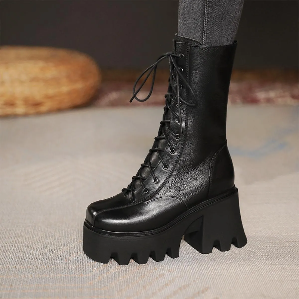 Stivali a metà polpaccio con plateau autunnale Stivali da moto con tacco alto spesso in vera pelle da donna Scarpe moda con punt