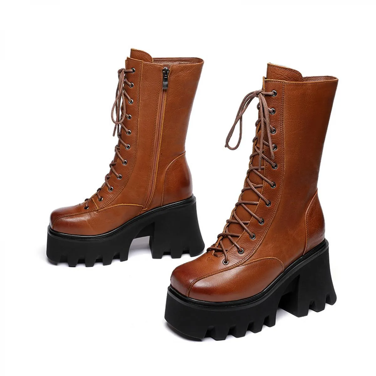 Stivali a metà polpaccio con plateau autunnale Stivali da moto con tacco alto spesso in vera pelle da donna Scarpe moda con punt