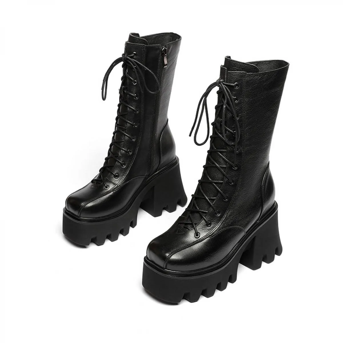Stivali a metà polpaccio con plateau autunnale Stivali da moto con tacco alto spesso in vera pelle da donna Scarpe moda con punt