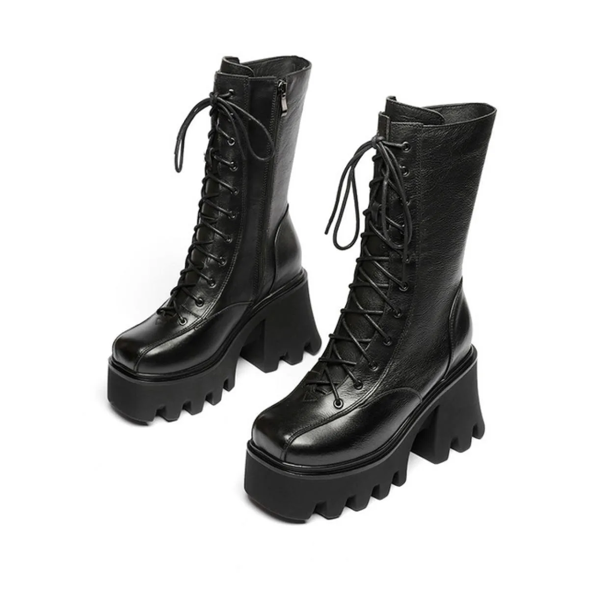 Stivali a metà polpaccio con plateau autunnale Stivali da moto con tacco alto spesso in vera pelle da donna Scarpe moda con punt
