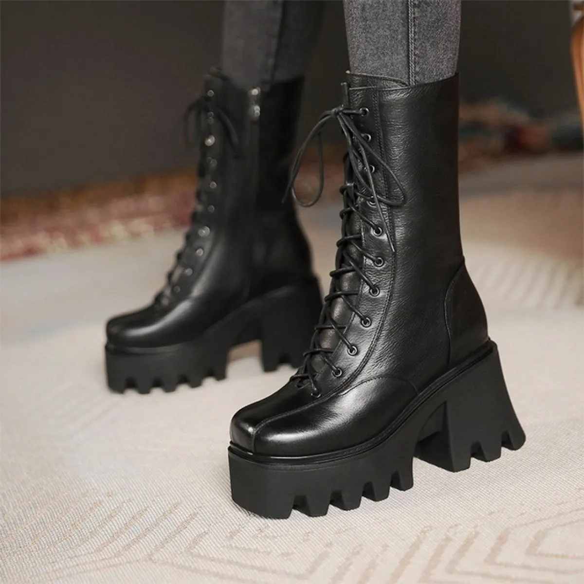 Stivali a metà polpaccio con plateau autunnale Stivali da moto con tacco alto spesso in vera pelle da donna Scarpe moda con punt