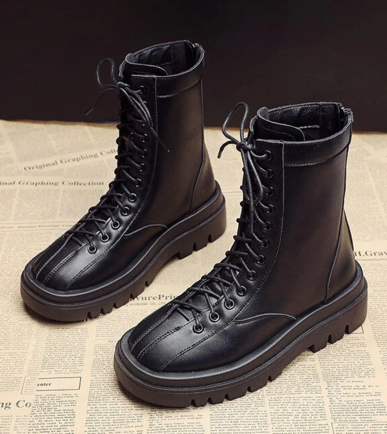 Stivali da moto da donna Scarpe basse con zeppa Scarpe con tacco alto da donna Stivali in pelle PU Scarpe stringate da donna Sti