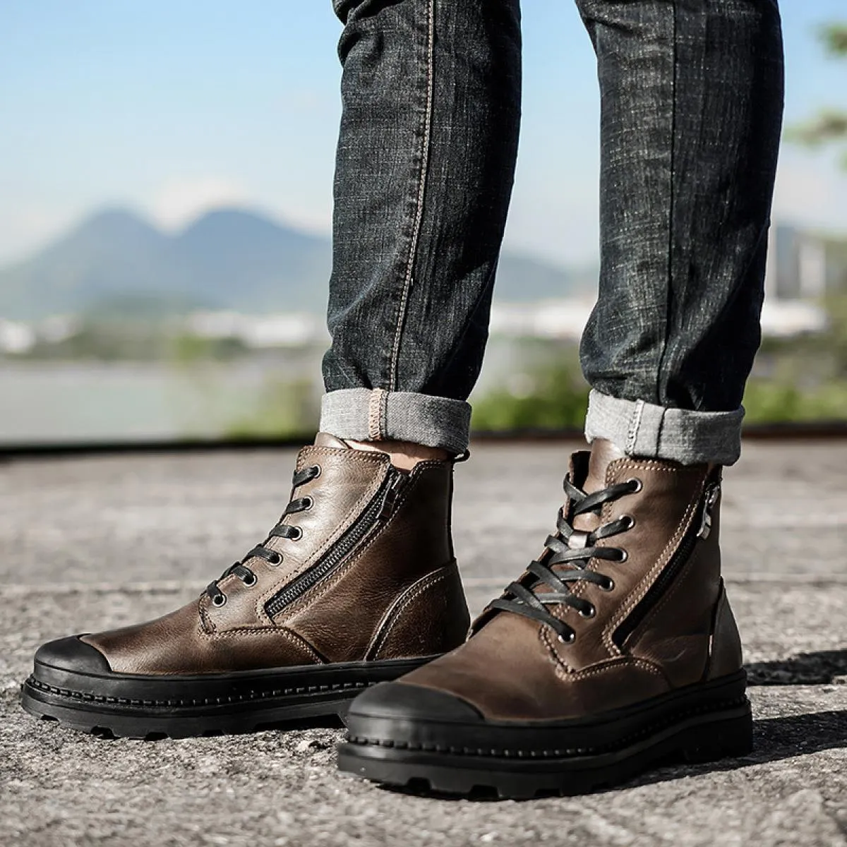 Stivali in pelle retrò da uomo Scarpe da trekking a testa tonda fatte a mano Stivali con piattaforma da passeggio con cerniera l