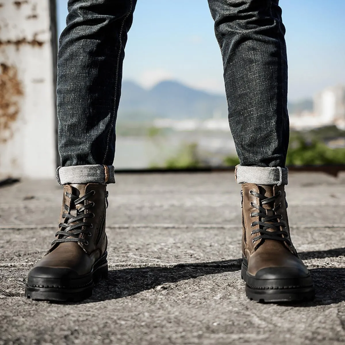 Stivali in pelle retrò da uomo Scarpe da trekking a testa tonda fatte a mano Stivali con piattaforma da passeggio con cerniera l