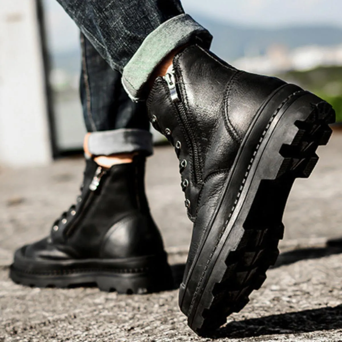 Stivali in pelle retrò da uomo Scarpe da trekking a testa tonda fatte a mano Stivali con piattaforma da passeggio con cerniera l