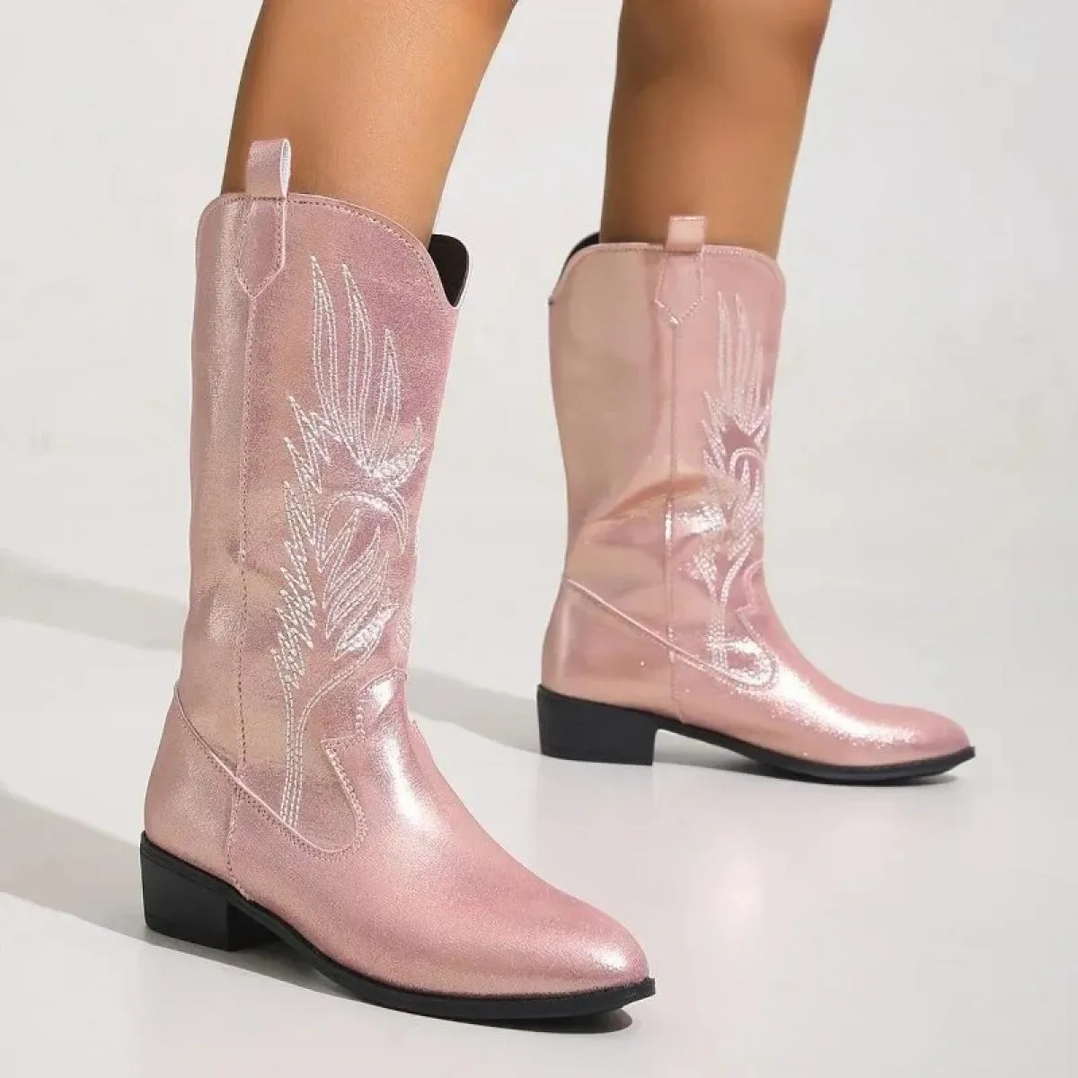 Stivali western da donna in pelle PU rosa Stivali a manica media a punta ricamati Donna Taglie forti 43 Maniche Moda Donna
