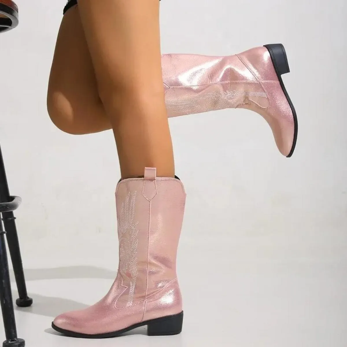 Stivali western da donna in pelle PU rosa Stivali a manica media a punta ricamati Donna Taglie forti 43 Maniche Moda Donna