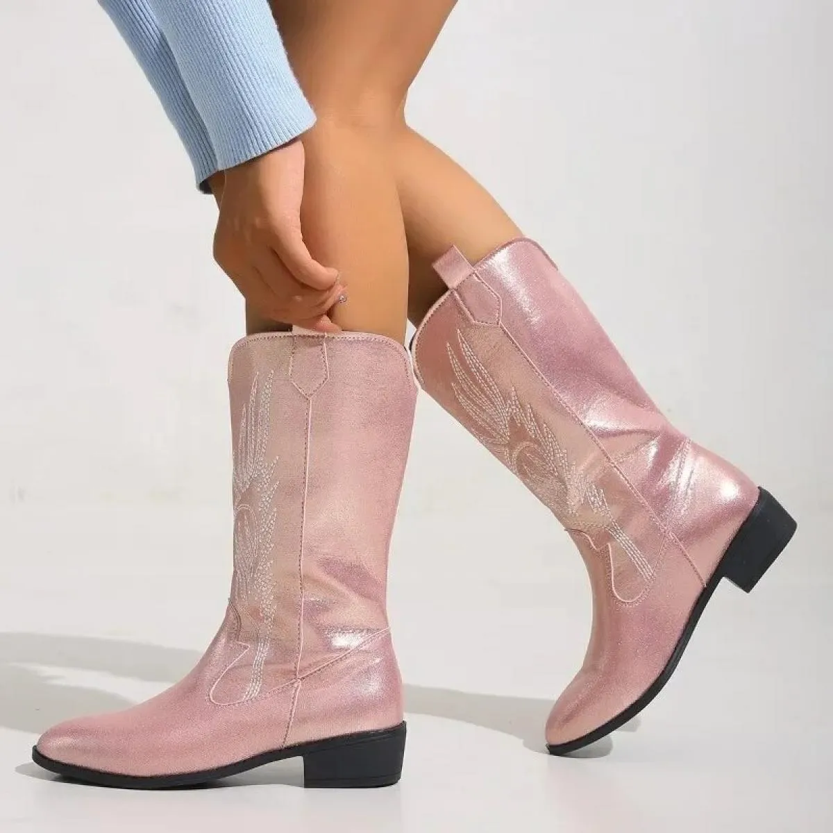 Stivali western da donna in pelle PU rosa Stivali a manica media a punta ricamati Donna Taglie forti 43 Maniche Moda Donna