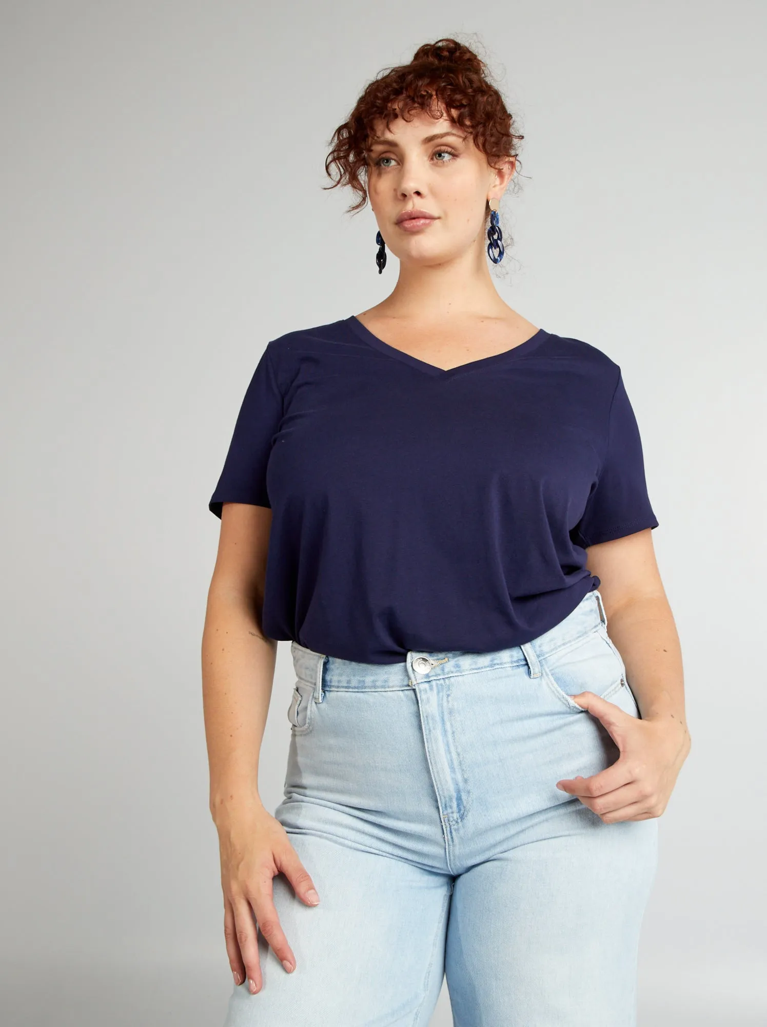 T-shirt in jersey con scollo a V - blu