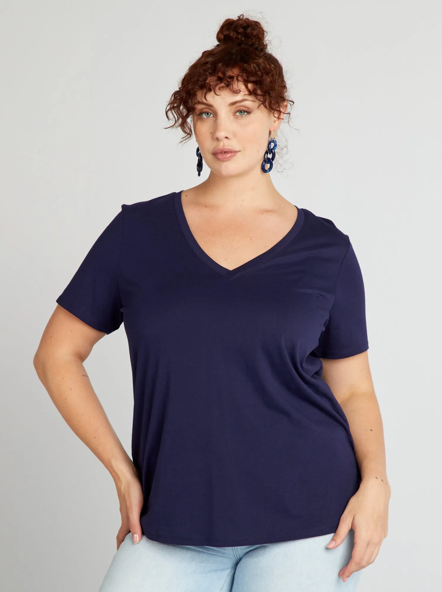T-shirt in jersey con scollo a V - blu