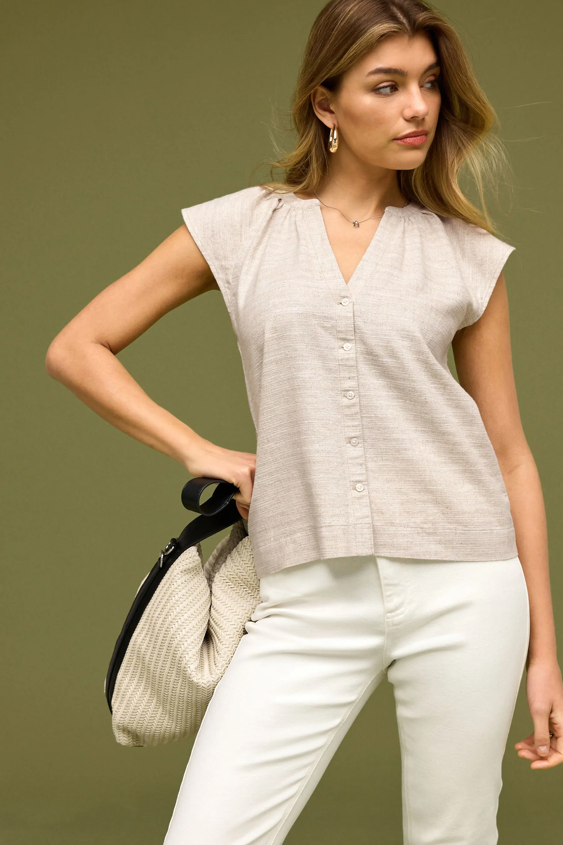 Top in Blend lino con maniche con bottoni