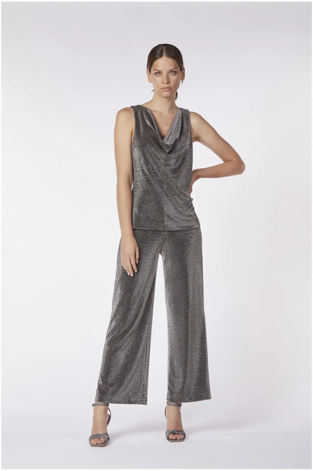 top scollo a goccia tessuto lurex piombo