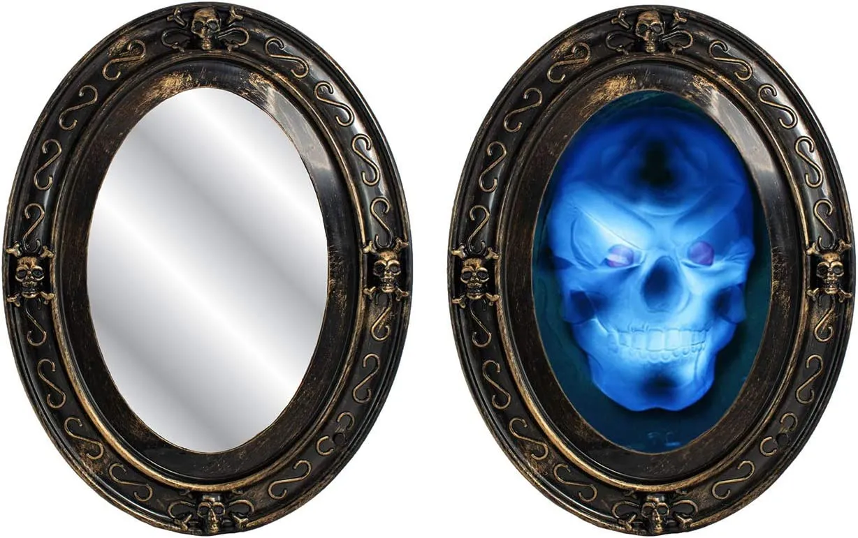 TRIXES Specchio stregato parlante Nero e Oro Ovale Specchio di Halloween con Immagine spettrale