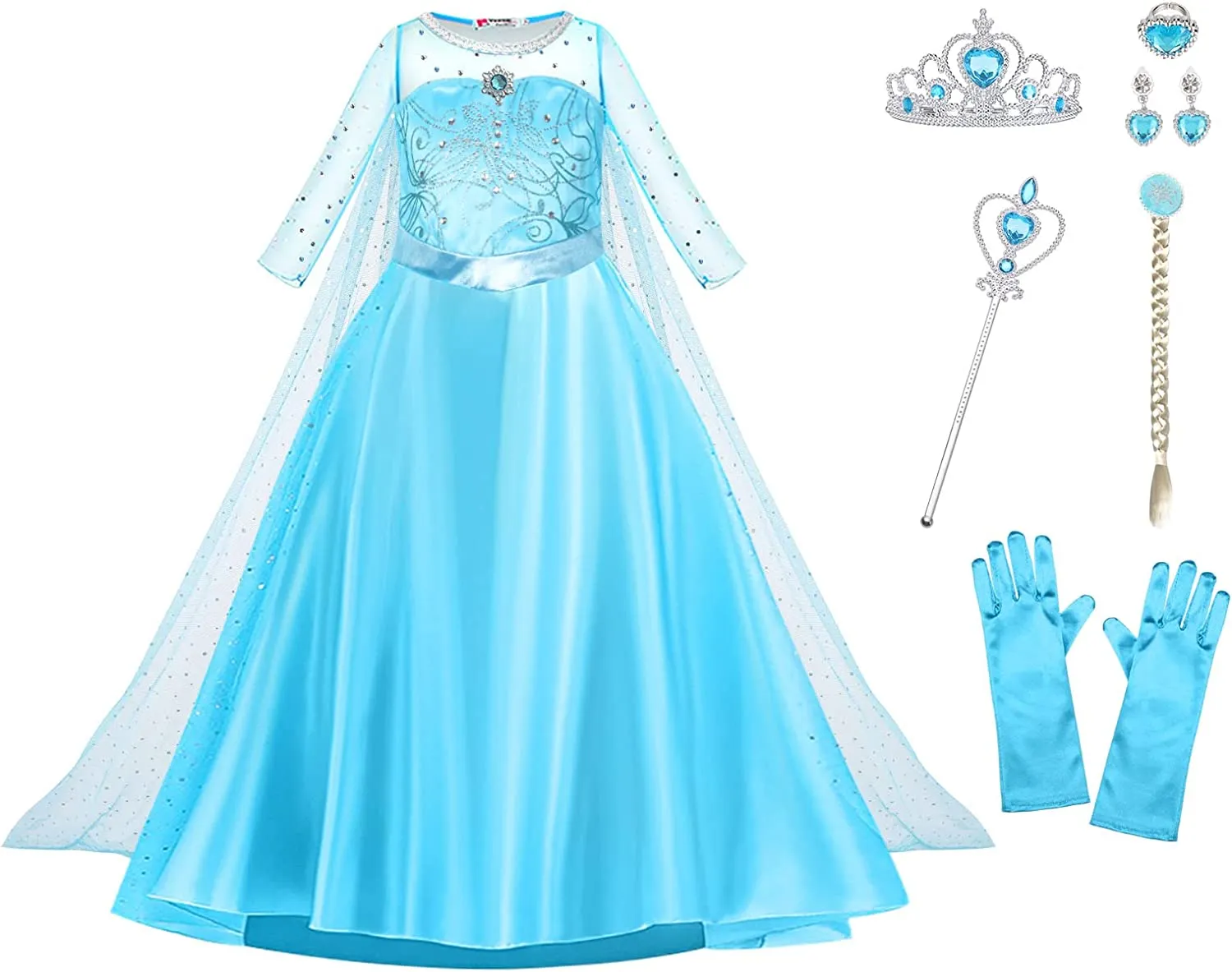 URAQT Elsa Vestito Set, Costume Vestito Bambina Principessa, Set da Principessa Corona Bacchetta Guanti Treccia, Cosplay Party H