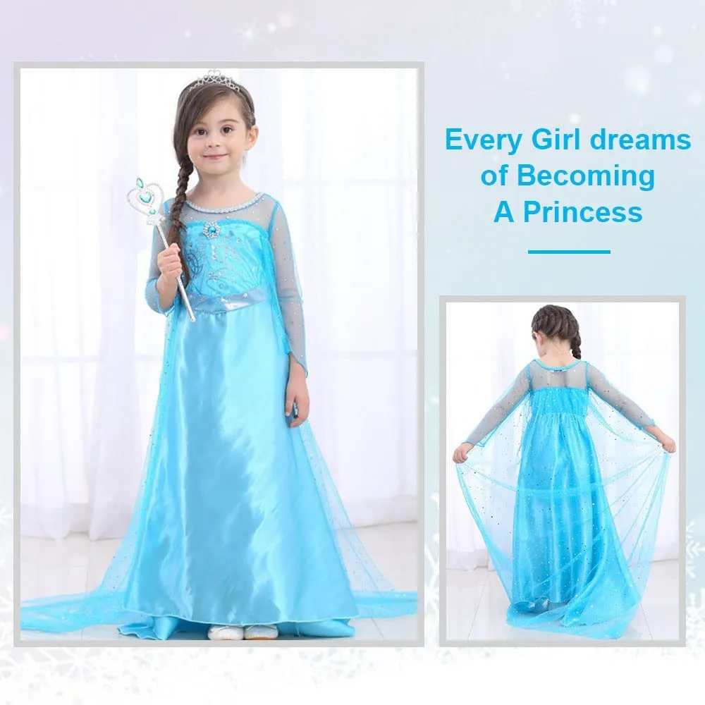 URAQT Elsa Vestito Set, Costume Vestito Bambina Principessa, Set da Principessa Corona Bacchetta Guanti Treccia, Cosplay Party H