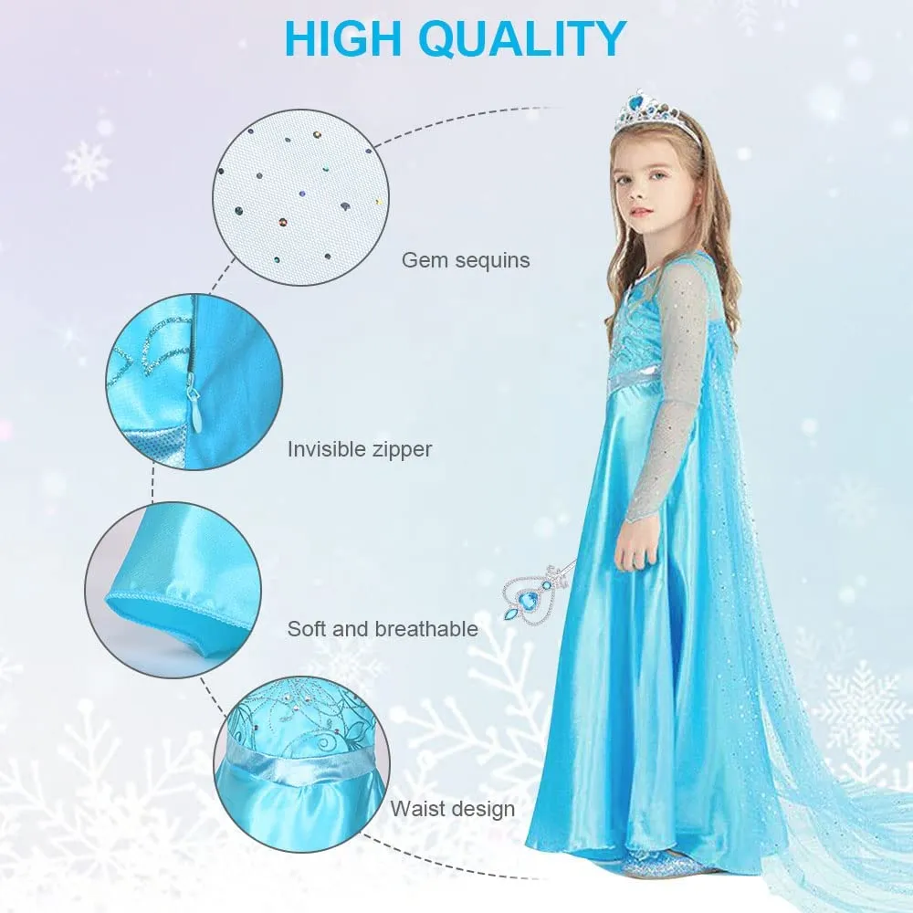 URAQT Elsa Vestito Set, Costume Vestito Bambina Principessa, Set da Principessa Corona Bacchetta Guanti Treccia, Cosplay Party H