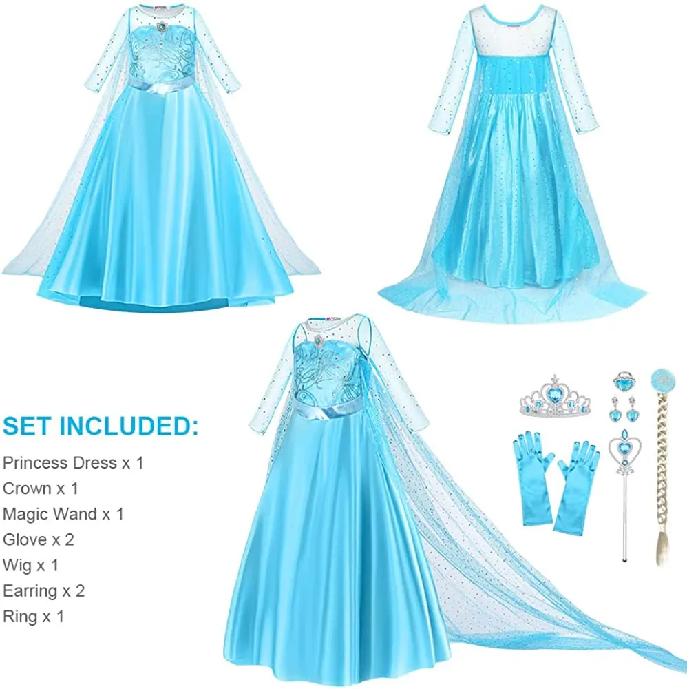 URAQT Elsa Vestito Set, Costume Vestito Bambina Principessa, Set da Principessa Corona Bacchetta Guanti Treccia, Cosplay Party H