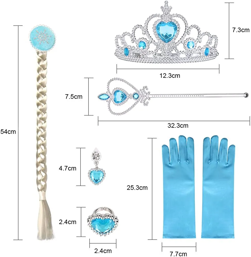 URAQT Elsa Vestito Set, Costume Vestito Bambina Principessa, Set da Principessa Corona Bacchetta Guanti Treccia, Cosplay Party H