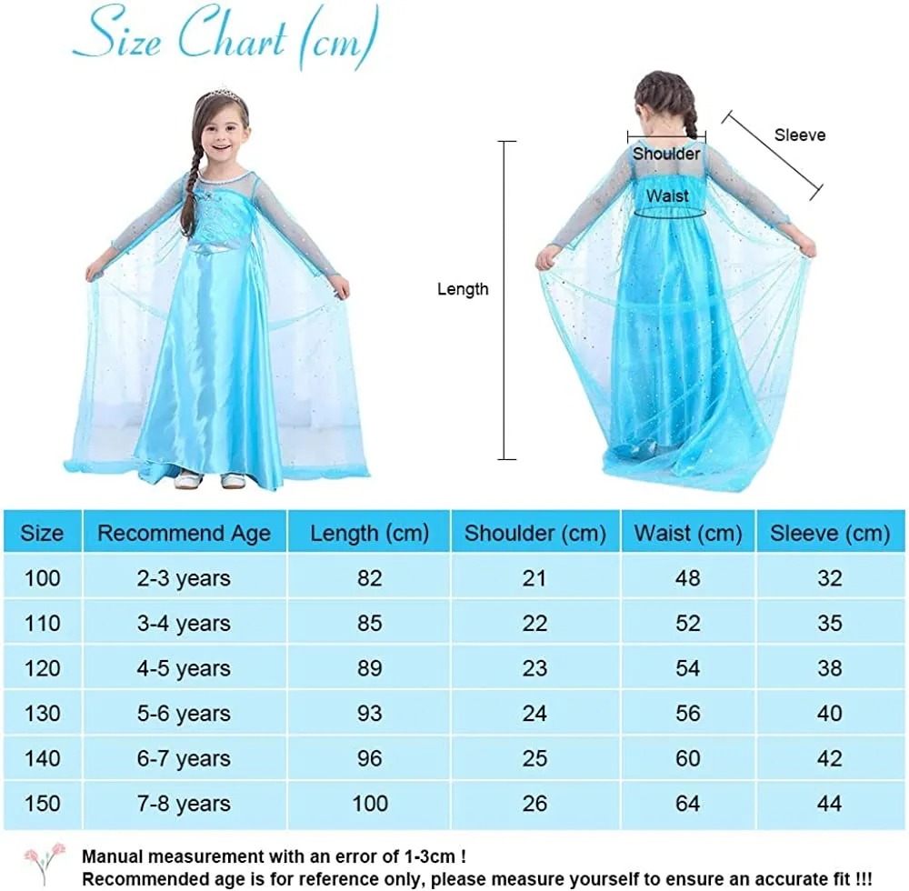 URAQT Elsa Vestito Set, Costume Vestito Bambina Principessa, Set da Principessa Corona Bacchetta Guanti Treccia, Cosplay Party H
